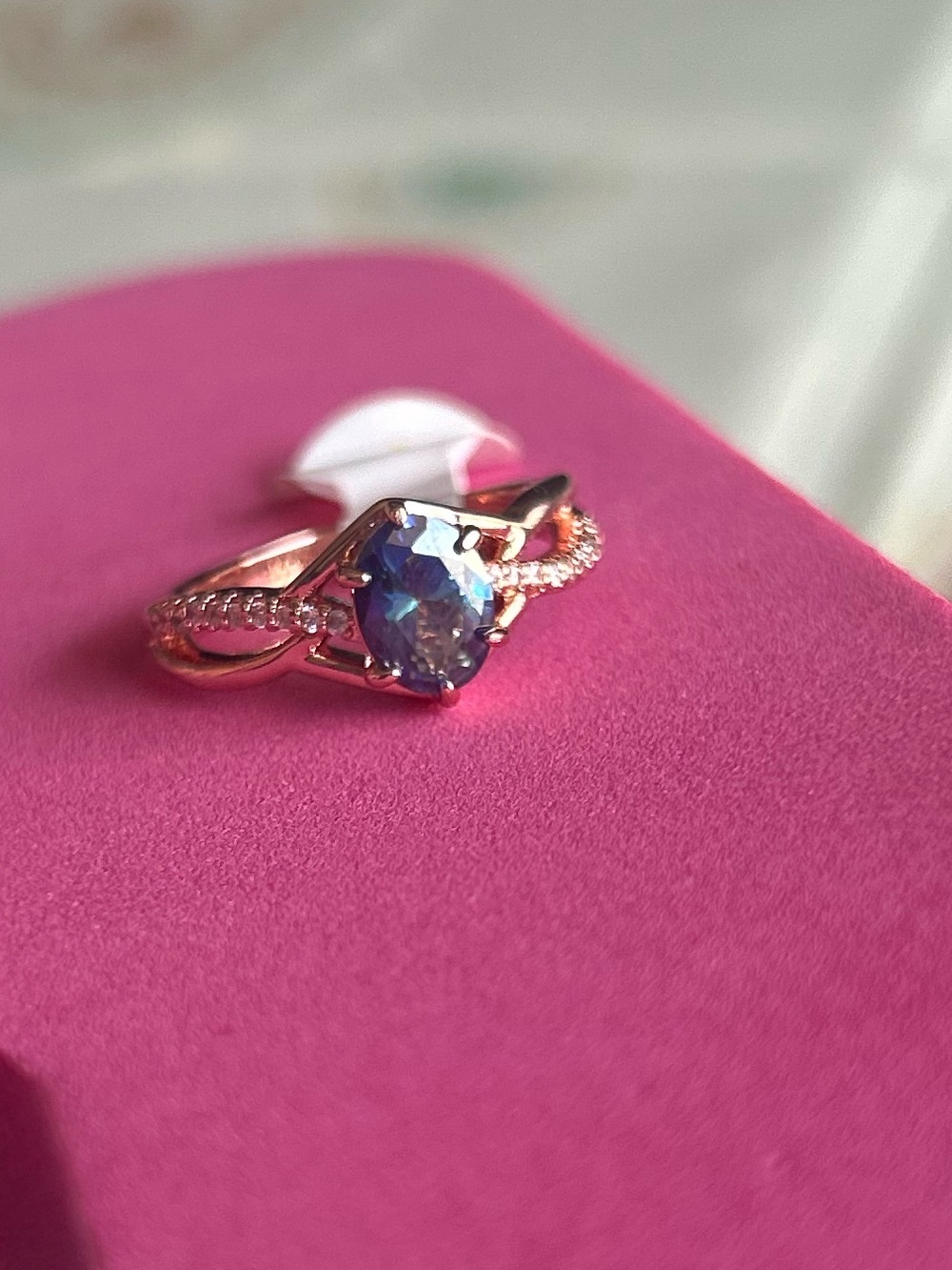 Rose Gold Ring with Blue Mystic Solitaire and Pavé Accents